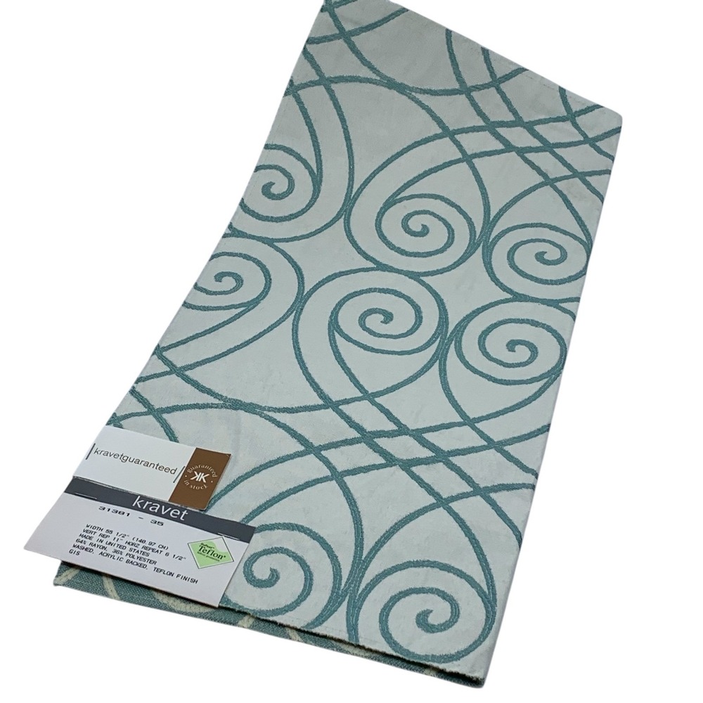 Kravet Fabric‎ Sample Teal Blue/Cream Scroll Pattern Textured Remnant Crafts